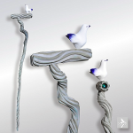 ◆H1180×W205ミリ（鳩飾りを含む）◆本体木彫（オリジナルガラス玉埋込）◆鳩 石塑粘土◆着色 アクリル塗料・絵具Liquitex◆販売価格￥18,700